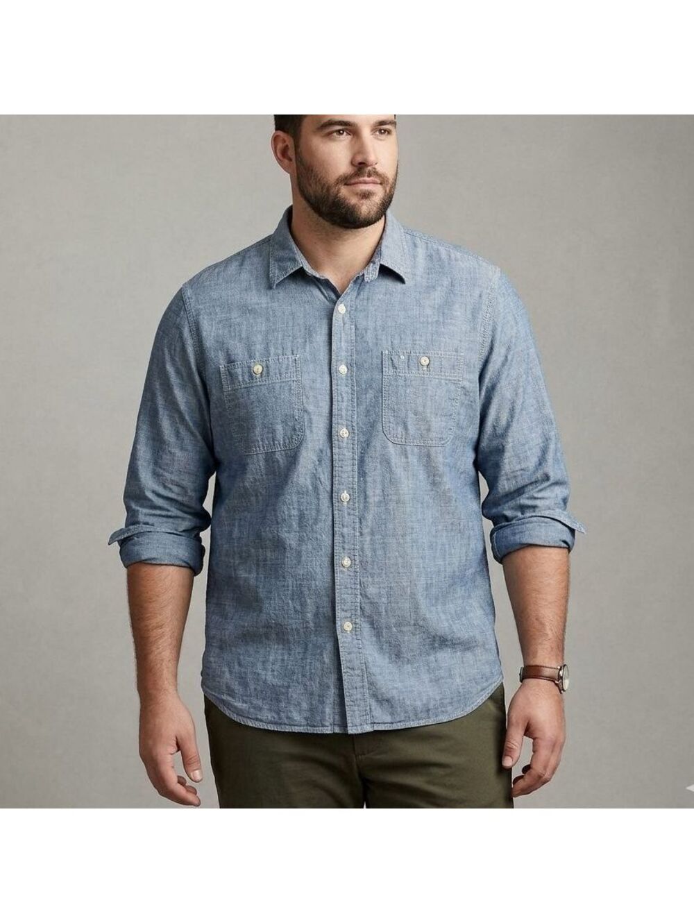 J.Crew Chambray Workshirt Mens Large Blue 100% Cotton Button Up Long Sleeve